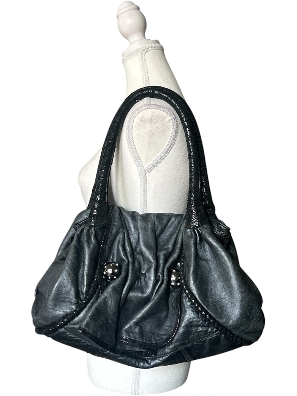 Y2K “Betsey Johnson” Grey and Black Leather Piercing Style Hobo Shoulder Bag
